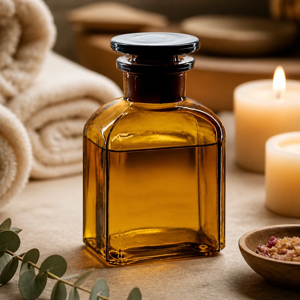 Hoogwaardige bruine glazen voorraadfles van 150 ml, vierkant, met brede hals en een platte glazen stop