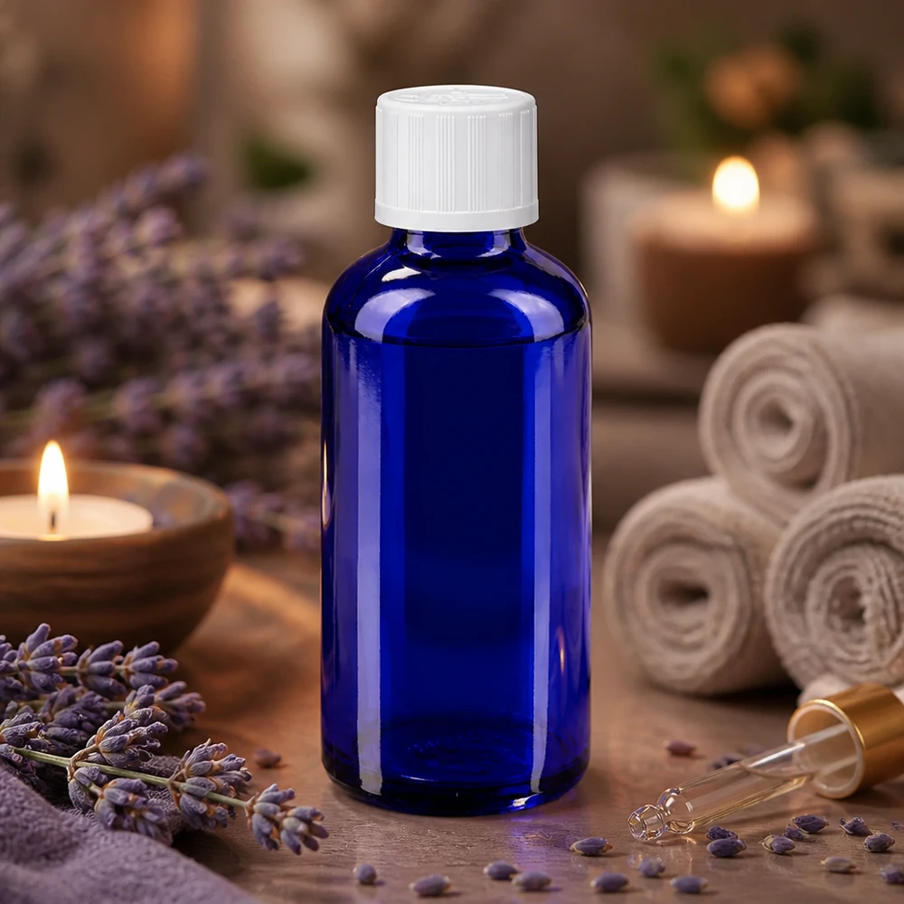 Kleine blauwe apothekersfles van 50 ml met een witte dop op een houten ondergrond