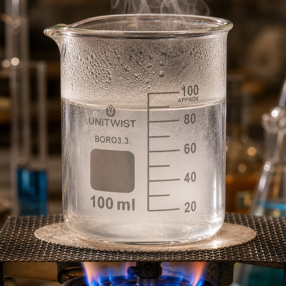 Beker 100ml borosilicaat, lage vorm UNiTWIST UNiTWIST glazen bekerglas van 100 ml op een draadrooster boven een gasvlam, met maatverdeling