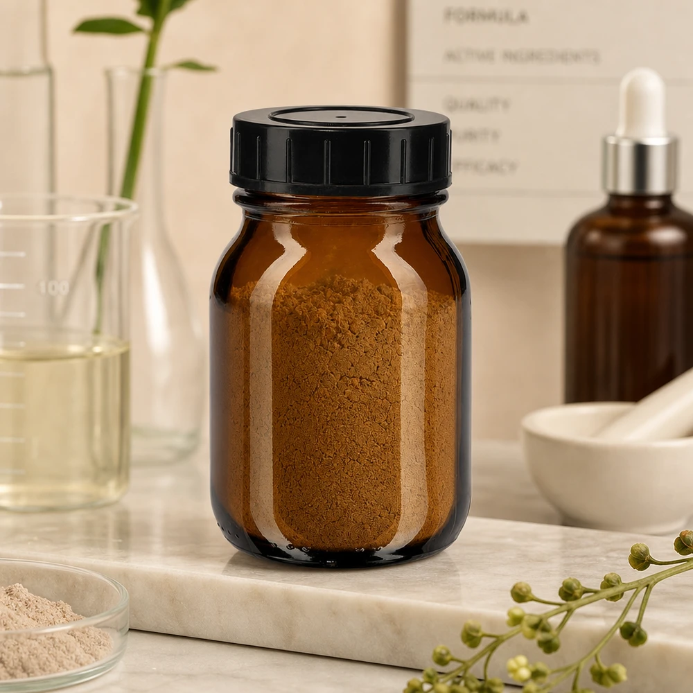 75ml amberkleurig glazen flesje met wijde hals en schroefdop Klein glazen flesje van 75 ml met brede opening en zwart deksel voor gemakkelijk vullen