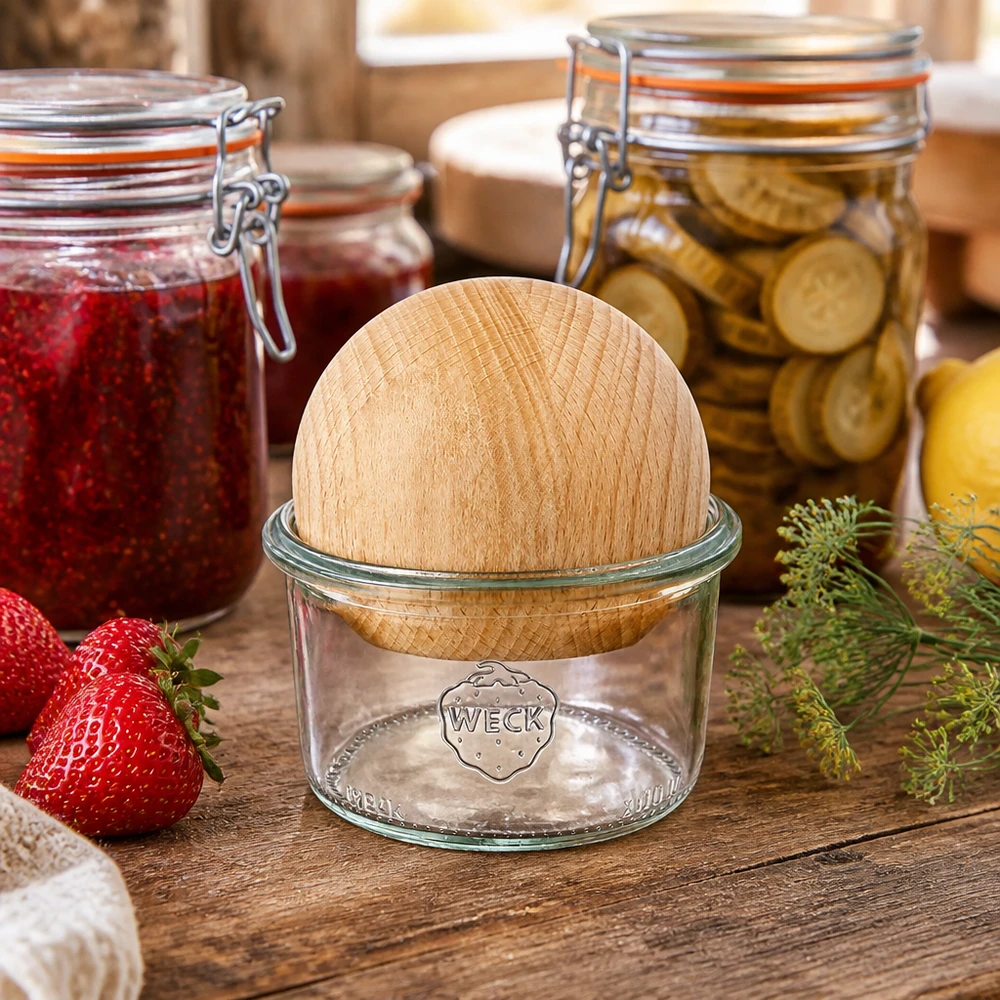 WECK 200ml RR80 mason jar in een natuurlijke keukenomgeving met inmaakpotten en vers voedsel