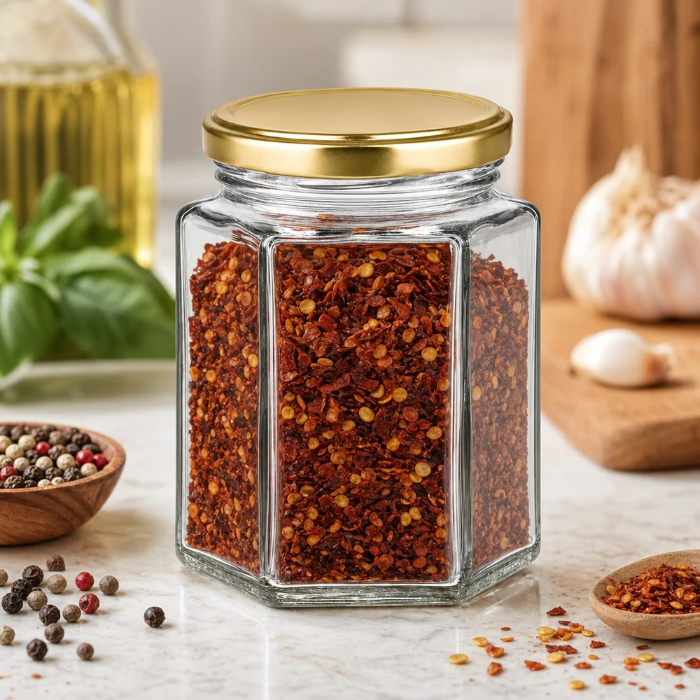 Honingpot 250 g met gouden deksel BasicSeal UNiTWIST 250g honingpot BasicSeal hexagonaal gevuld met chilikruiden in kruidenkeuken tussen peperkorrels en kruiden