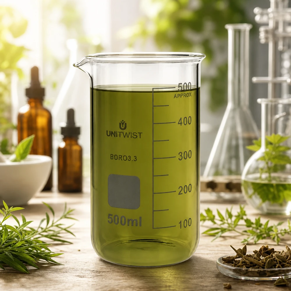 Doorzichtig laboratoriumglas van 500 ml, hoog model, gevuld met geelgroen extract op een houten ondergrond