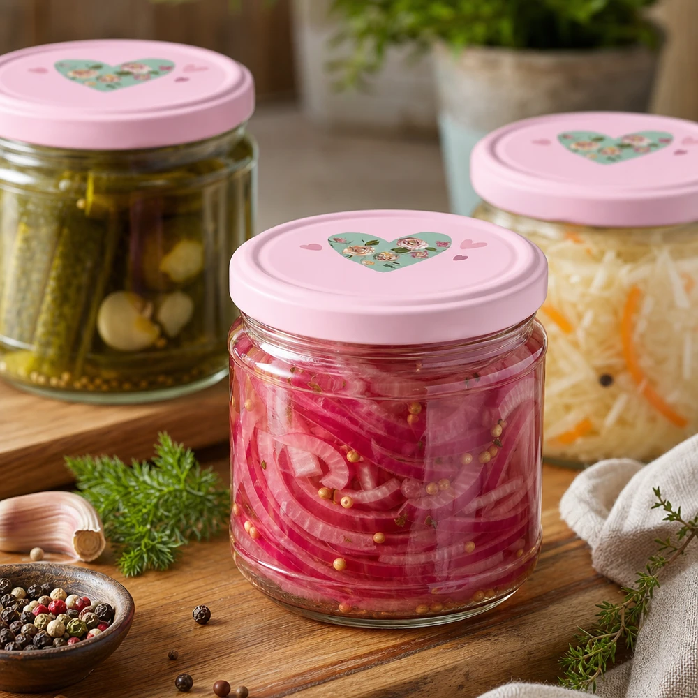 Ronde pot 330 ml + deksel BasicSeal roze hart UNiTWIST 330 ml ronde potten met roze hartvormige deksels gevuld met ingemaakte groenten en augurken op houten tafel in keuken