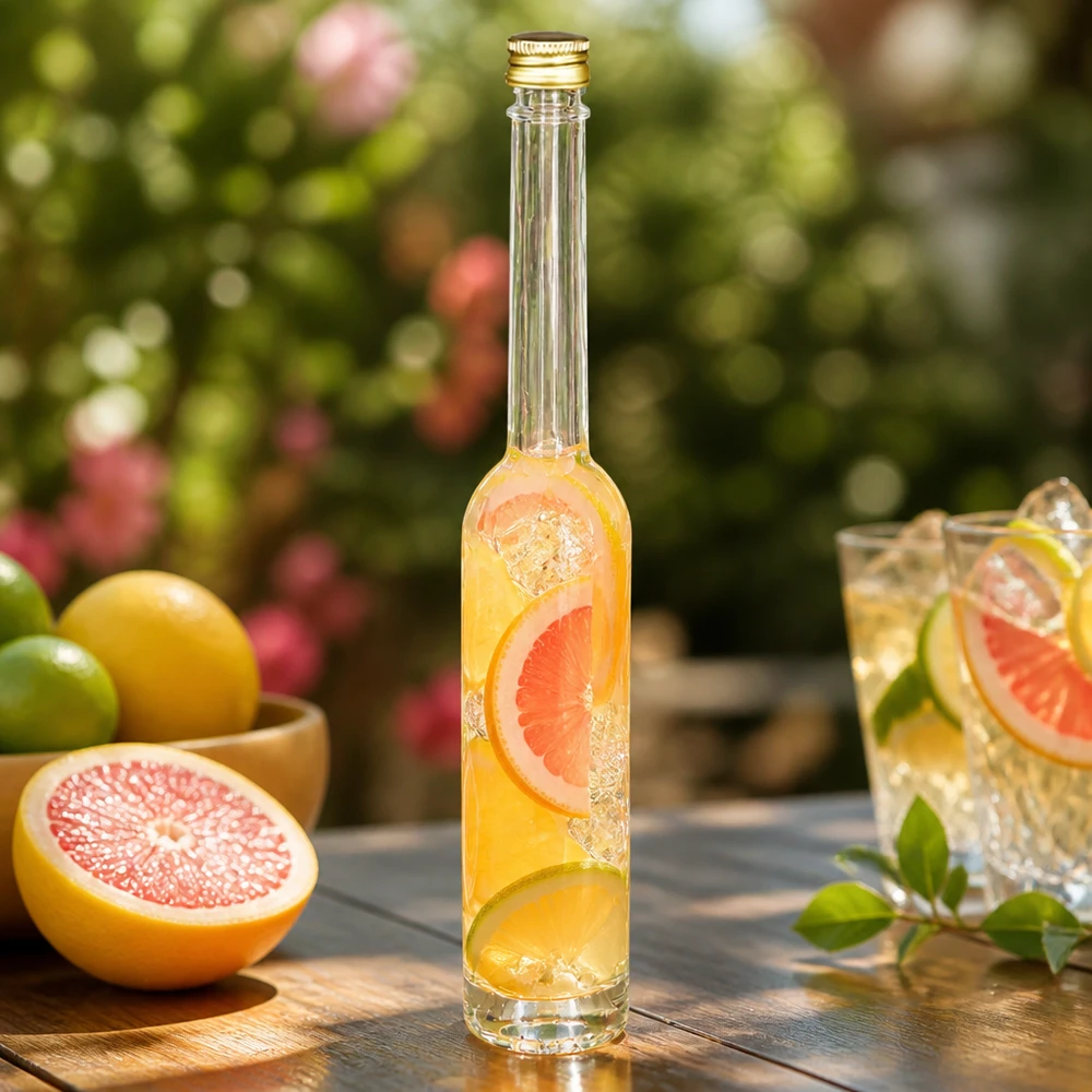 100 ml glazen fles Toni en schroefdop zilver UNiTWIST® 100ml glazen fles Toni met grapefruitdrank - UNiTWIST gouden dop in een zomerse tuinsfeer met citrusvruchten