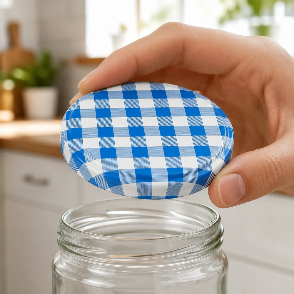 Deksel van voedselveilige kwaliteit, 82 mm, blauw-wit geruit, past op in de handel verkrijgbare inmaakpotten