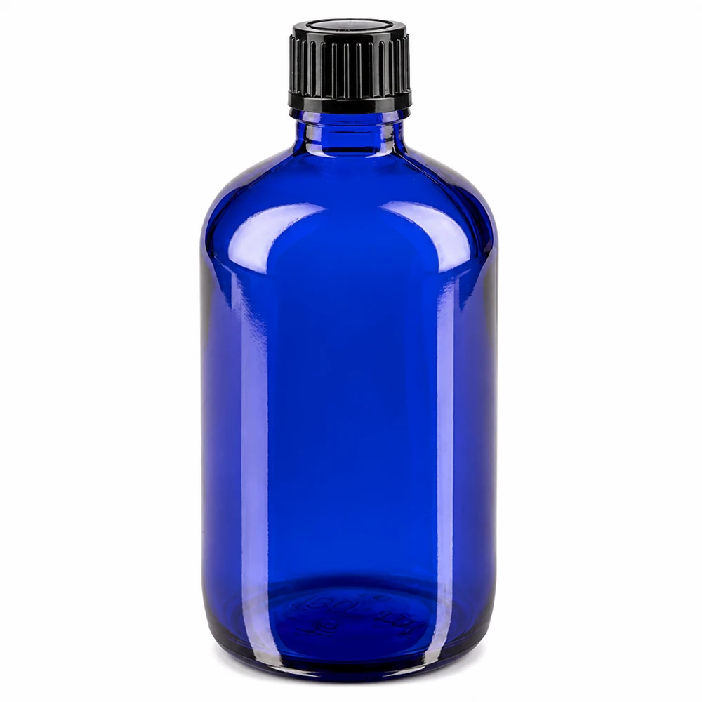 Blauwe glazen flessen 100ml met zwart schroefsluiting St 100 ml ApoGlas blauw met kindveilige zwarte schroefdop SV STD