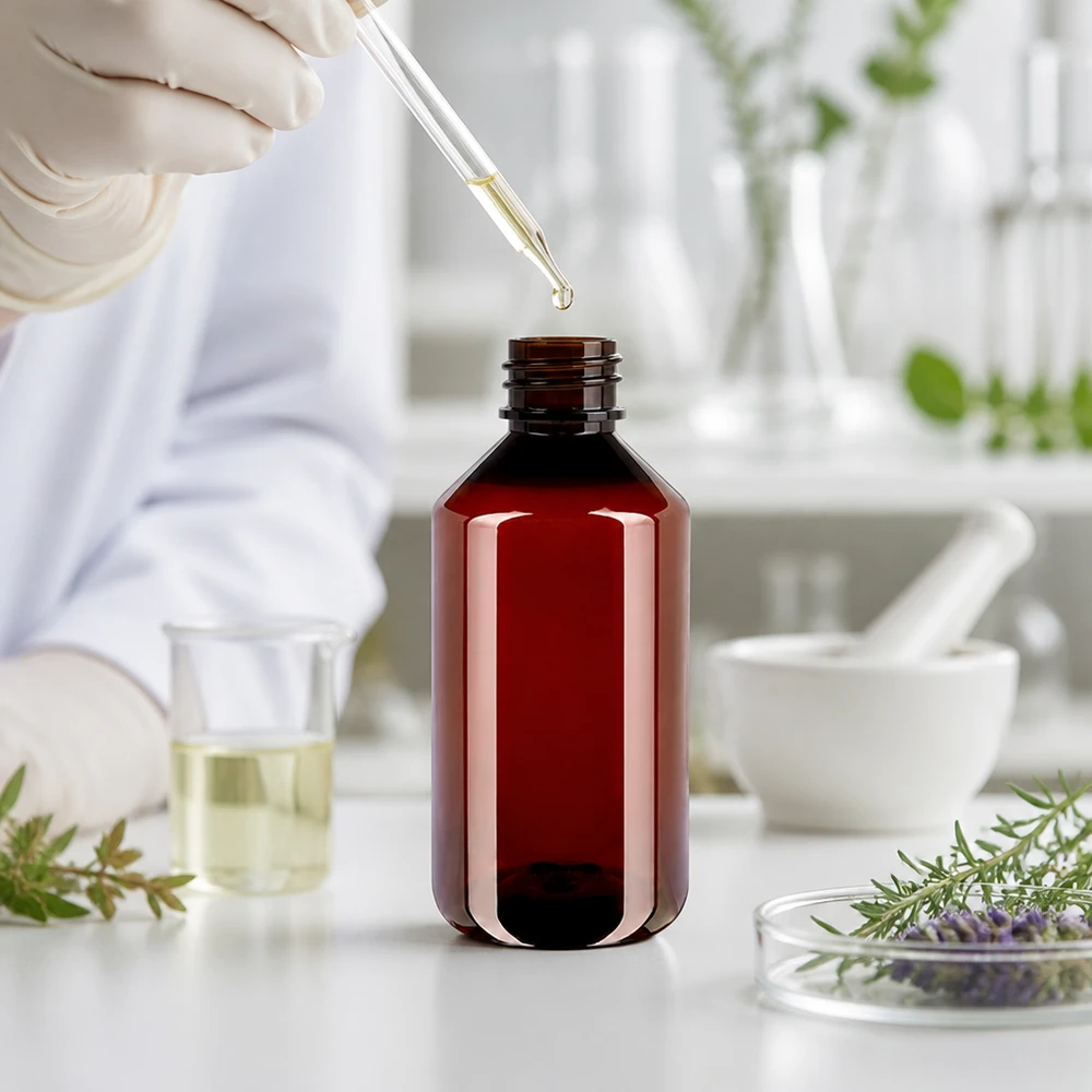 Grote bruine kunststof fles van 750 ml met UV-bescherming voor cosmetica, farmacie en natuurgeneeskunde