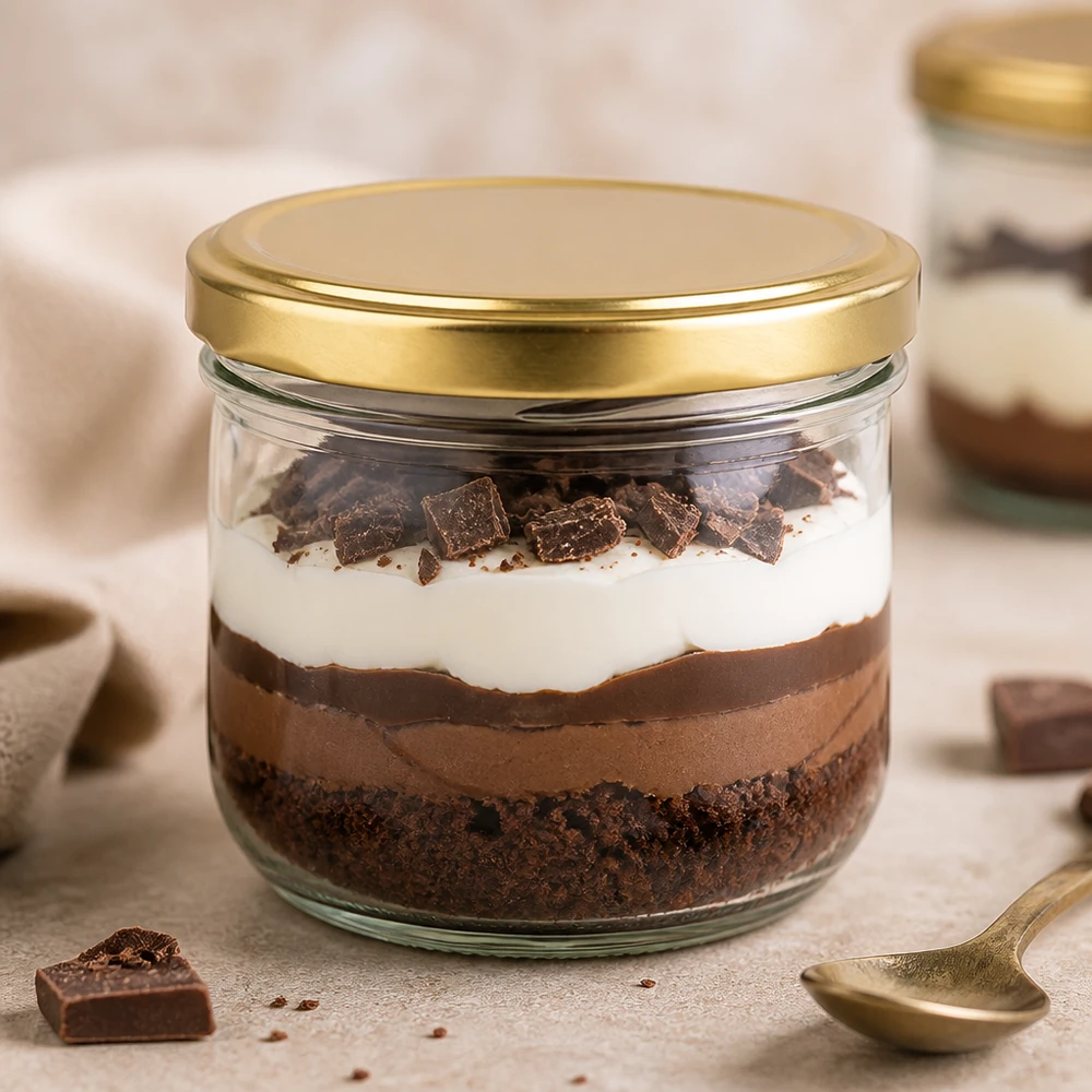 260 ml gouden BasicSeal UNiTWIST bekers gevuld met chocoladedessert tonen geschiktheid voor zoete desserts