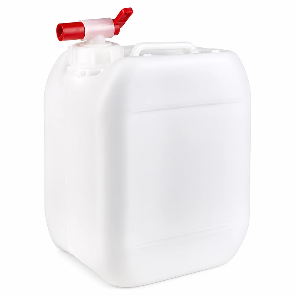 Compacte witte plastic jerrycan van 5 liter met ingebouwde rode uitloopkraan