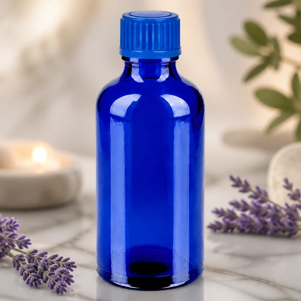 Robuuste glazen fles van 50 ml in apothekerskwaliteit met blauw UV-filter voor lange houdbaarheid