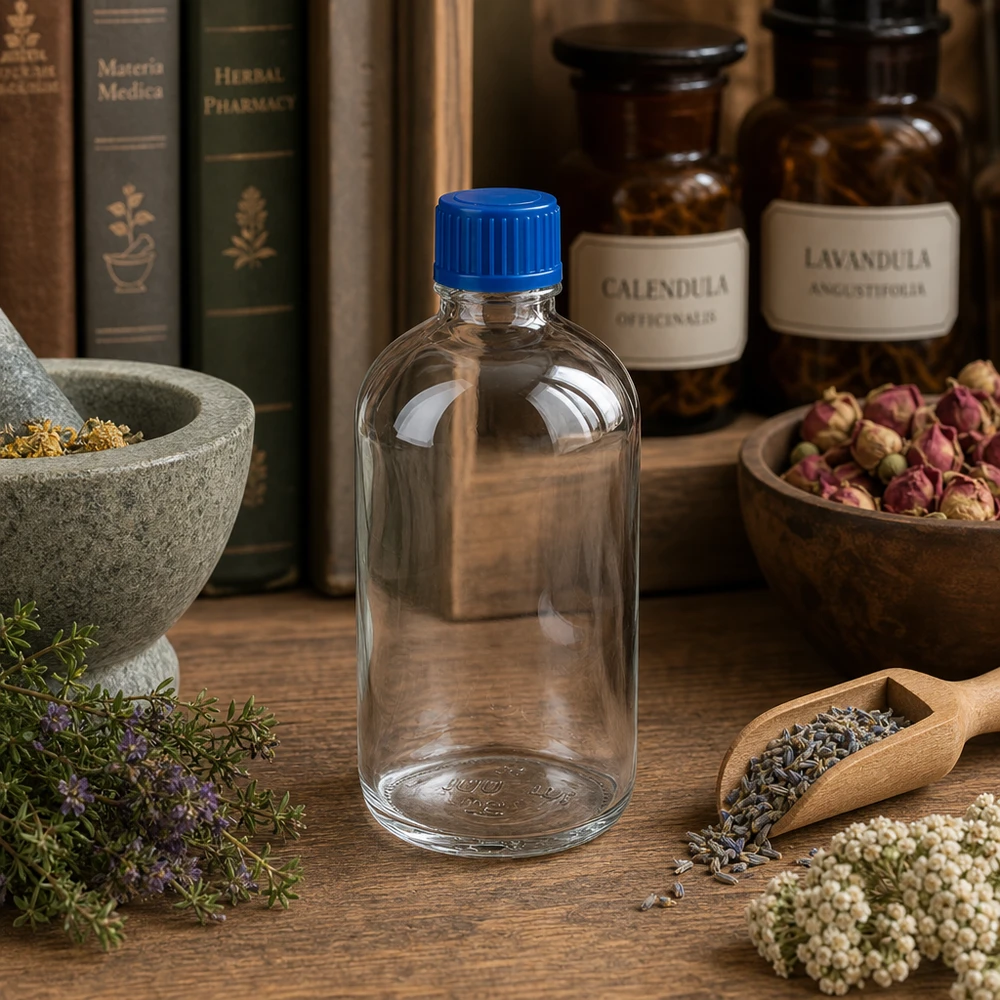 Kruidengeneeskunde Bewaarfles 100 ml ClearLine UT18 helder glas met blauwe schroefdop Apotheek