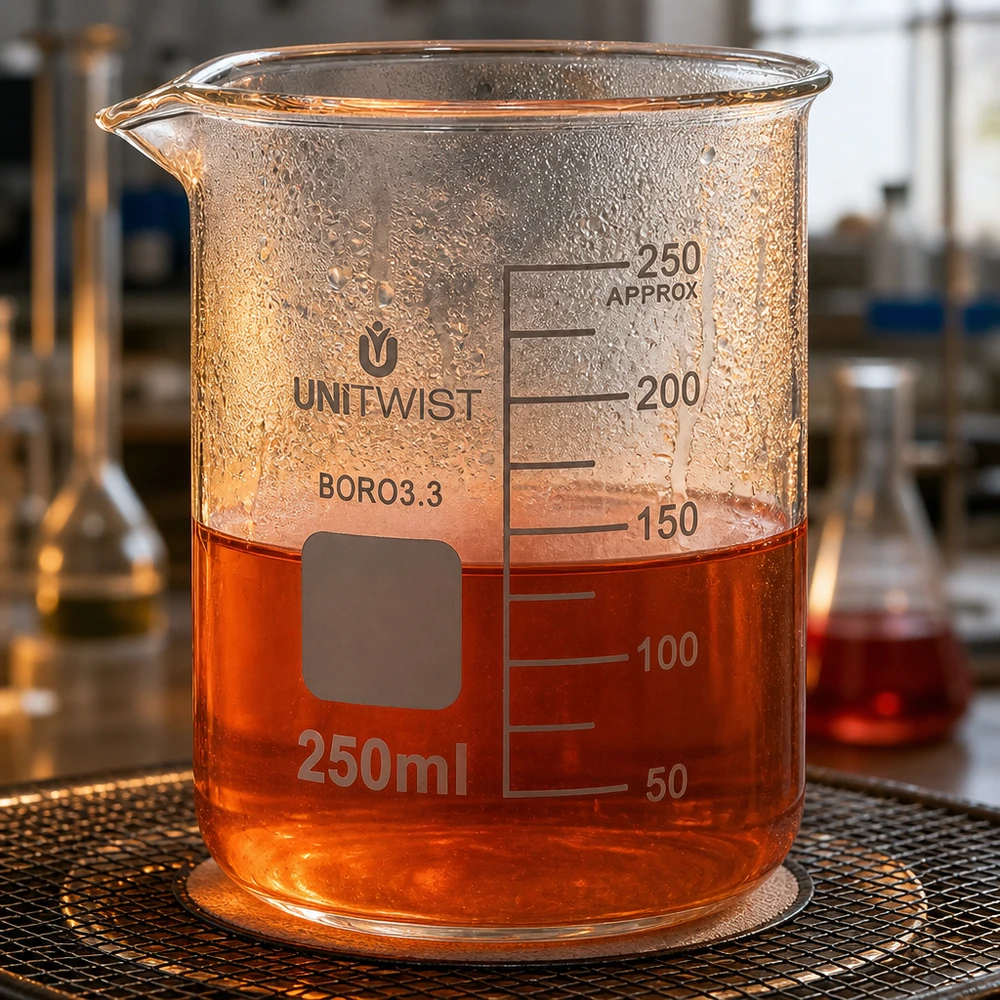 Beker 250ml borosilicaat, lage vorm UNiTWIST Chemieglas, lage bekervorm van 250 ml met een oranjerode substantie en een nauwkeurige milliliterschaal