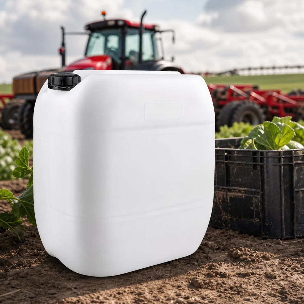 30l jerrycan, UN-toelating, met schroefsluiting Een jerrycan van 30 liter met een zwarte schroefdop naast oogstkisten en een rode tractor in de open lucht