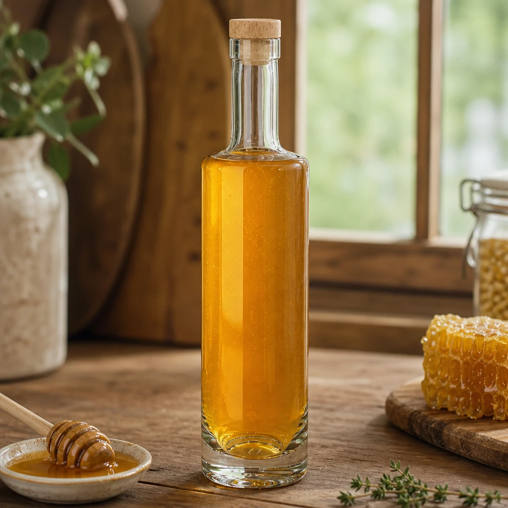 500 ml glazen fles Lina met houten handgreep UNiTWIST® 500ml Glasflasche Lina mit Holzkorken gefüllt mit Honig neben Bienenwabe rustikale Landküche natürliche Zutaten