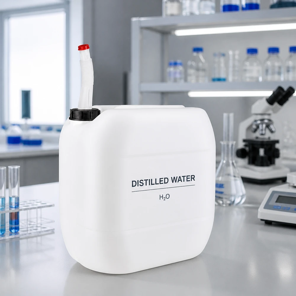 30l Jerrycan, UN-toelating, met aftapkraan flex Rechthoekige kunststof jerrycan van 30 liter met uitloopbuis voor nauwkeurig vullen in het laboratorium