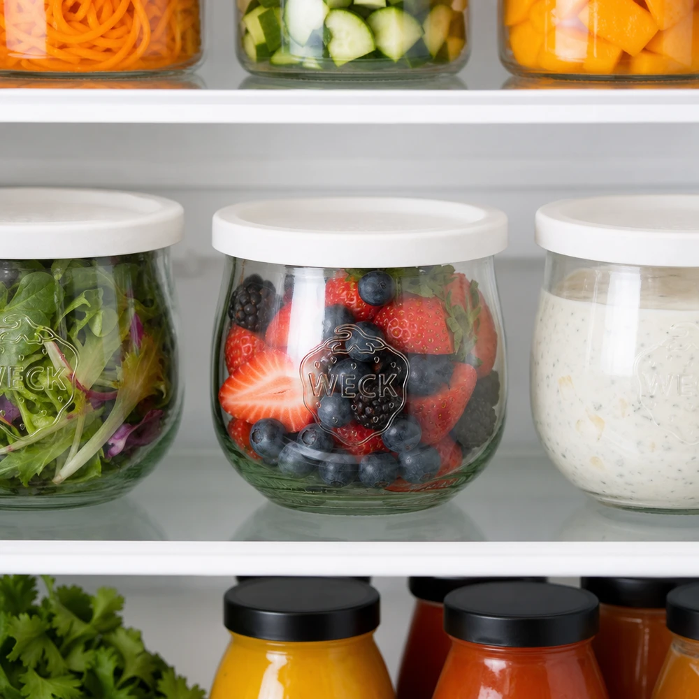 WECK RR80 tulpvormige pot van 370 ml met vershouddeksel WECK tulp pot 370ml RR80 in de koelkast gevuld met bessen naast salade en spreads voor vers bewaren