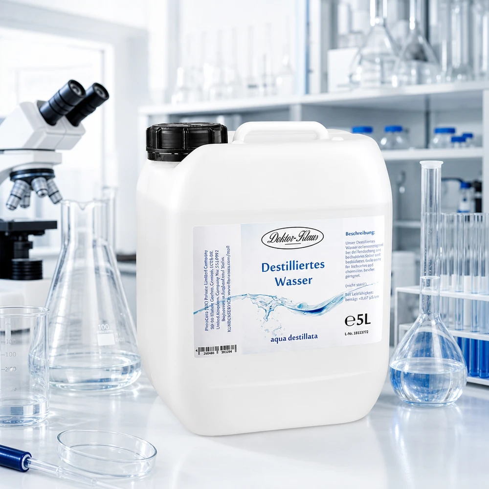 5 liter gedestilleerd water - Aqua dest in blanke premium jerrycan van Doktor Klaus Doktor-Klaus gedestilleerd water 5 liter canister in steriele laboratoriumomgeving met microscoop en glazen kolf
