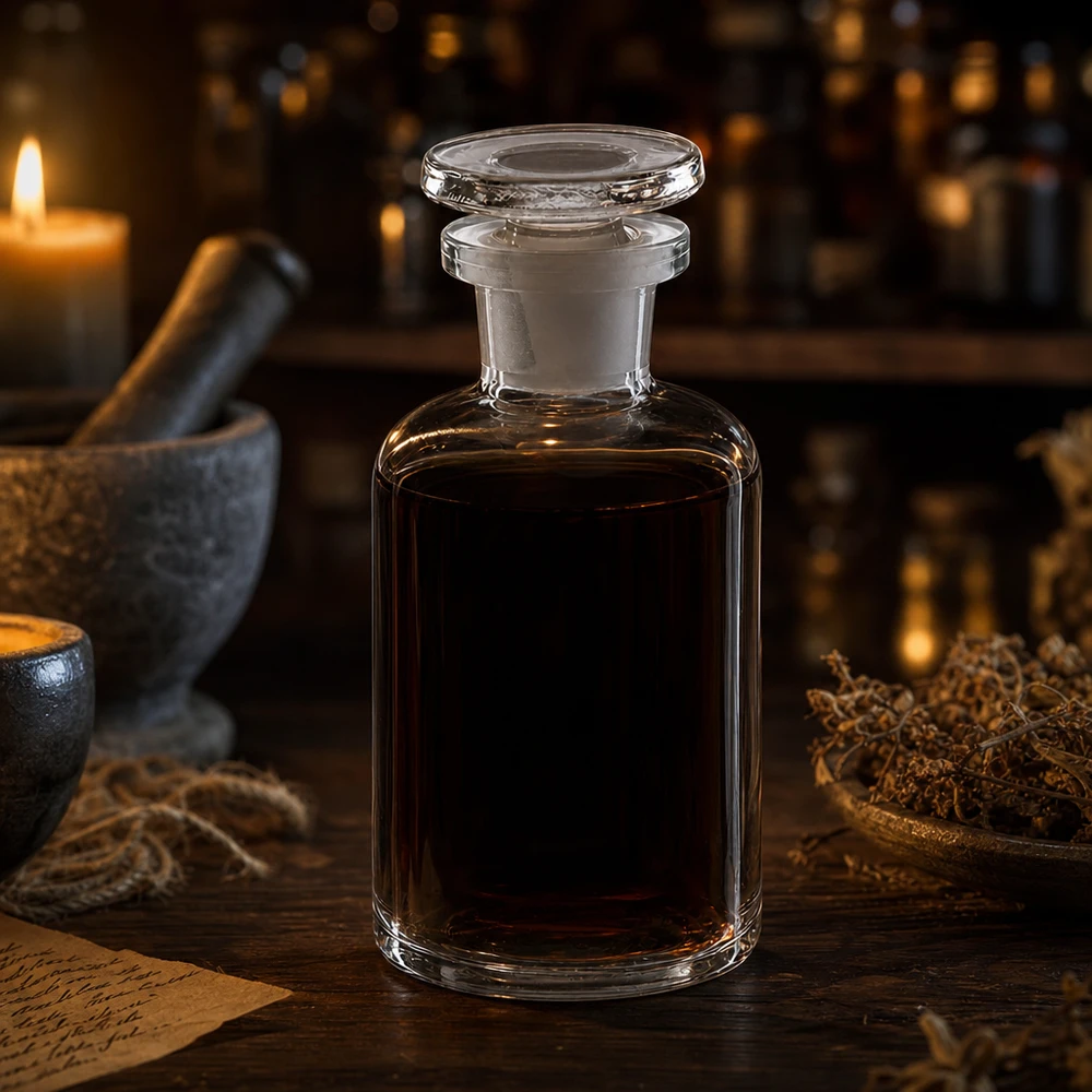 50 ml ronde-schouderfles, helder, smalle hals, met ronde glazen stop voor donkere vloeistoffen
