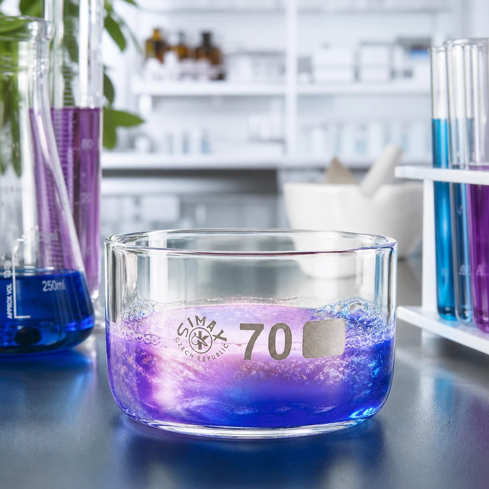 Kristalliseerschaal 100ml zonder schenktuit Kristallisatieschaal zonder uitloop 100 ml naast een Erlenmeyer-kolf en reageerbuisjes in het scheikundelaboratorium