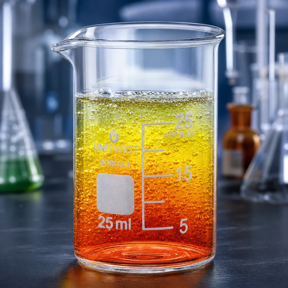 UNiTWIST-bekerglas van 25 ml met lage vorm op een donker laboratoriumblad, omringd door laboratoriumapparatuur