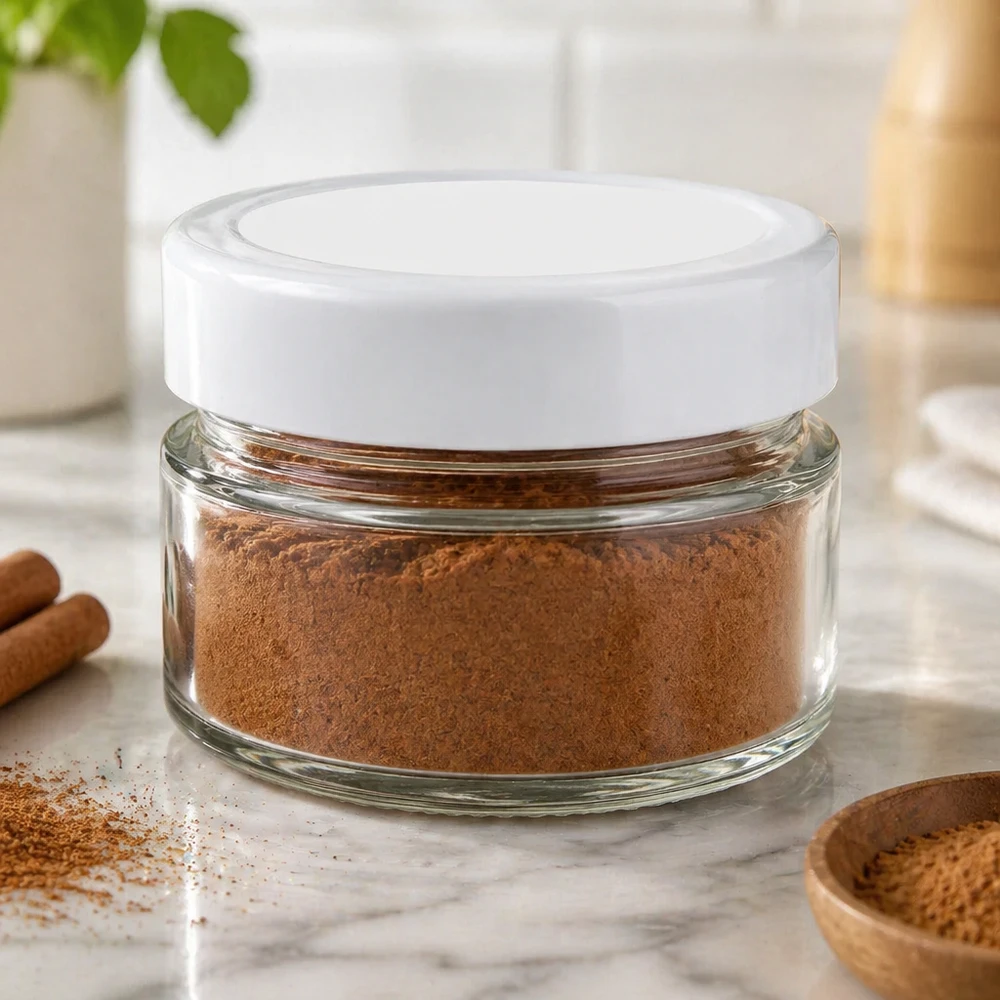 80 ml rond potje gevuld met bruin poeder toont praktisch gebruik voor specerijen en keukenopslag