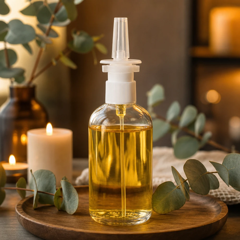 100ml neusspray flacon w./tr. STD ClearLine UT18/100 Flesje neusspray ClearLine van 100 ml op een houten dienblad met eucalyptustakjes en kaarsen