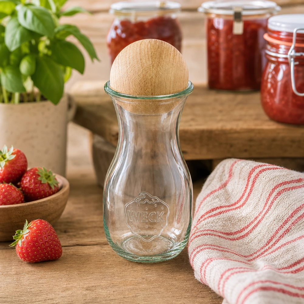 290ml sapflessen WECK RR60 met houten bal WECK glazen fles 290ml RR60 met beukenhouten bolstop in een rustieke keuken naast aardbeien en jampotten