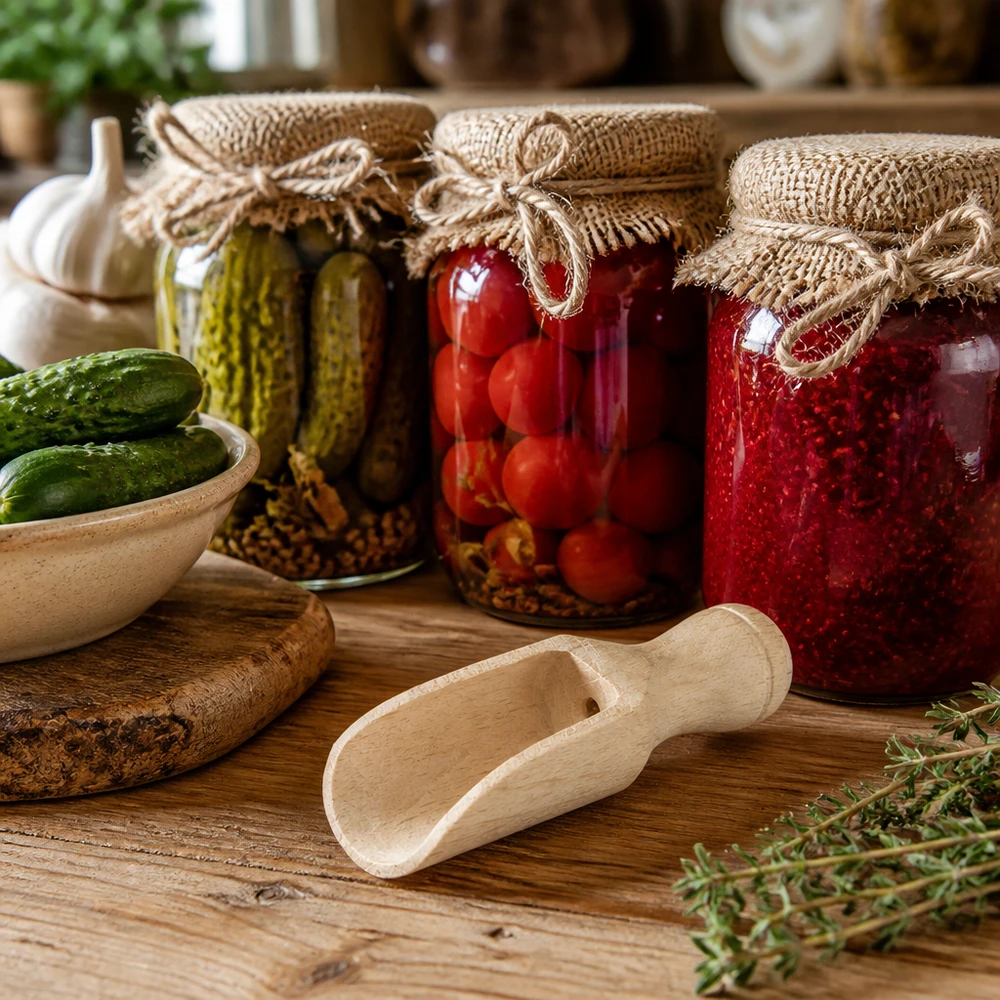 Houten schep XS in een rustieke keuken tussen inmaakpotten met ingemaakte groenten en jam