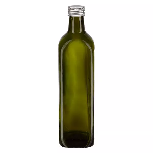 750ml oliefles vierkant olijfgroen incl. alu schroefsluiting zilver (PP 31.5mm)