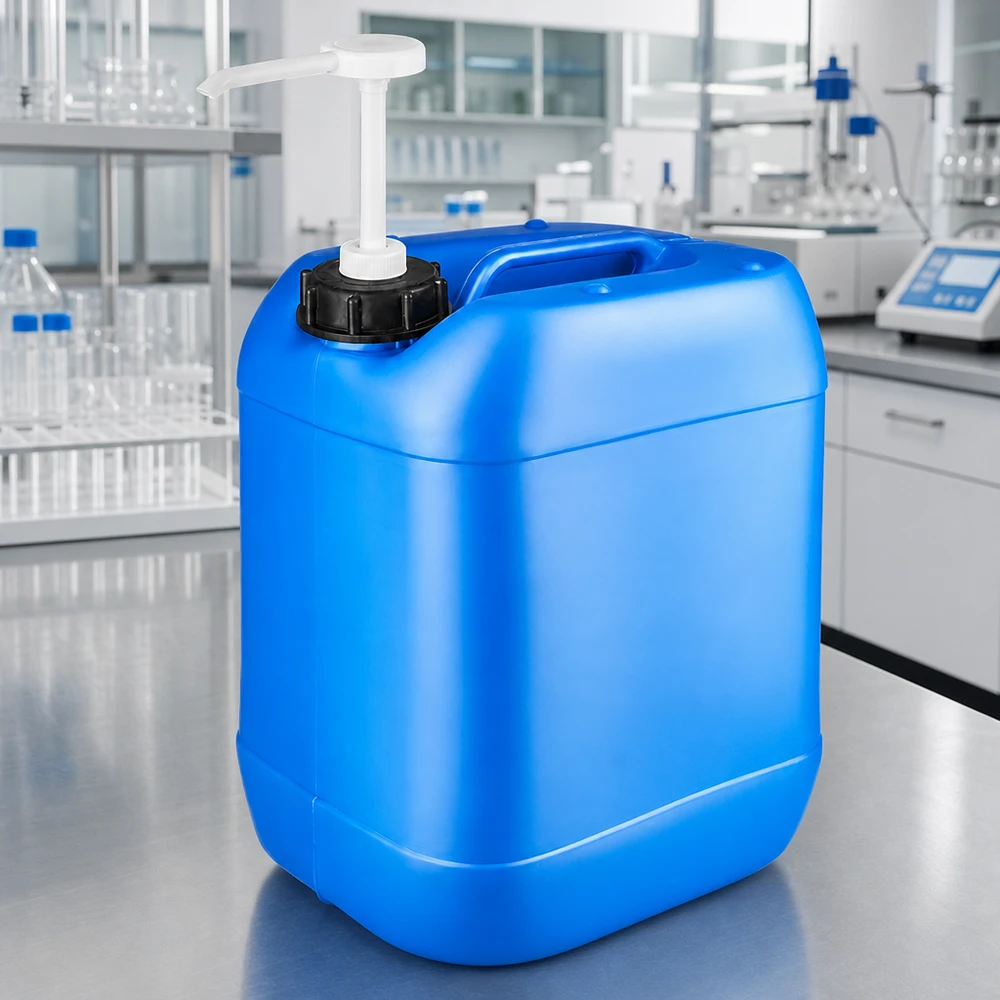 Canister 20 liter blauw met doseerpomp Grote blauwe laboratoriumkan van 20 liter met pomp voor gedoseerde afname