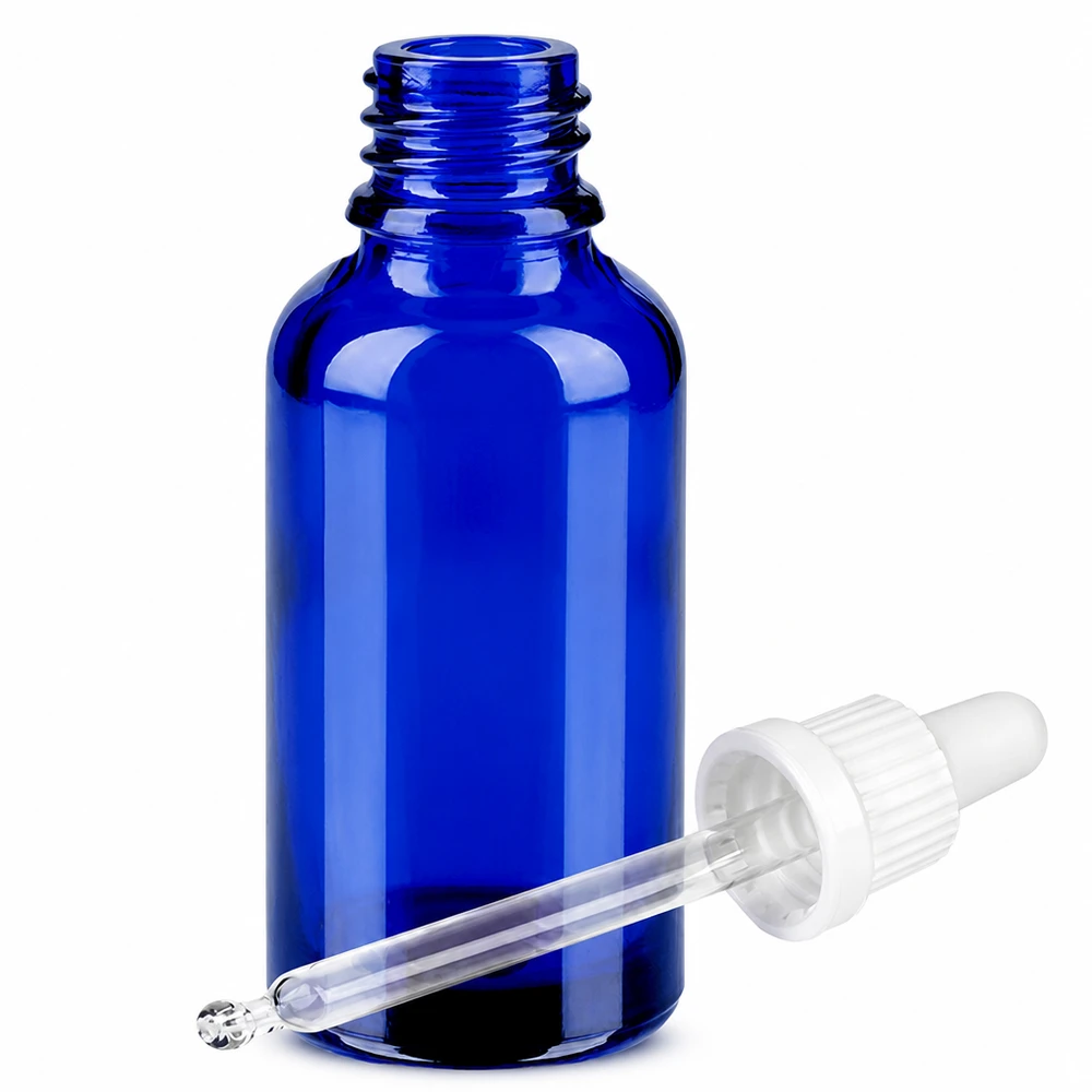 Hoogwaardige glazen fles van 30 ml met druppeldop voor cosmetica en farmaceutica blauw