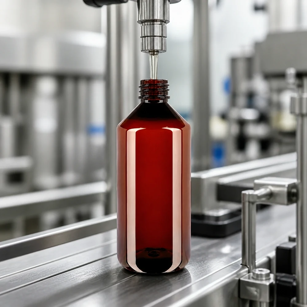 50 ml PET medicijnfles met verstuiver zwart GCMI 28/410 incl. dop transparant, standaard PET Kunststoffflasche 1000ml UV-geschützt bernsteinfarben auf industriellem Abfüllförderband