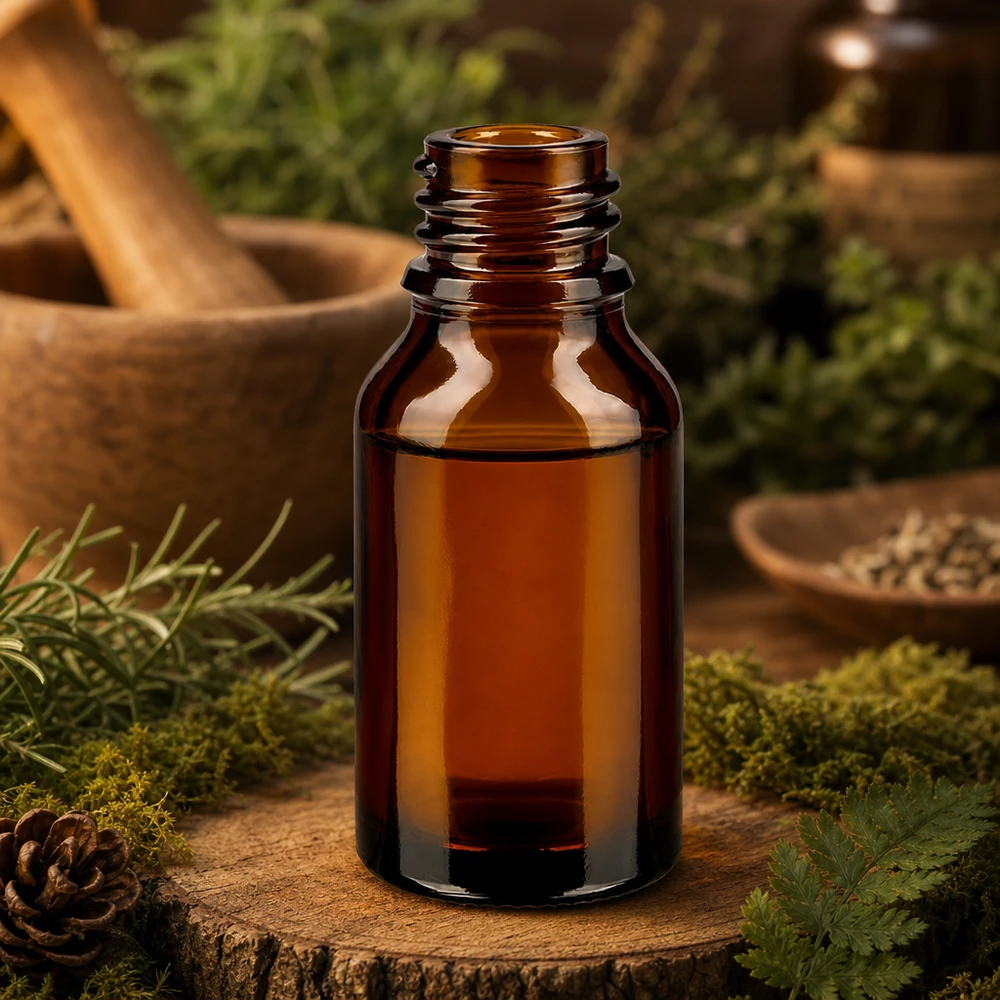 30ml bruin ApoGlas apothekersflesje hoge vorm met mos dennenappels natuurlijke cosmetica bos sfeer houten schaaltje