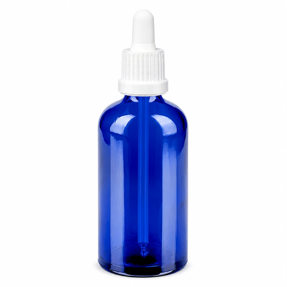 100ml pipetfles wit OV BlueLine UT18/100 UV-beschermende glazen fles 100ml blauw met precieze druppelaar pipet voor laboratoria en apotheken