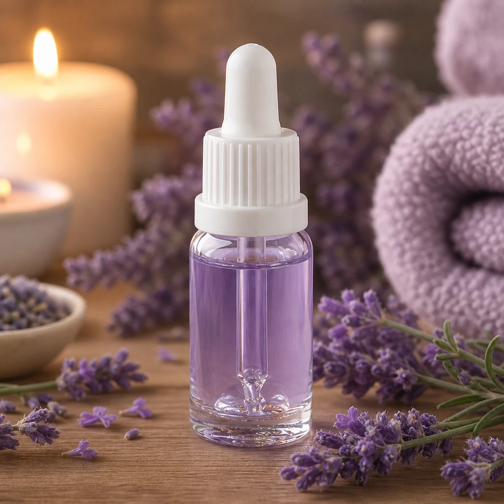 10ml pipetfles wit OV ClearLine UT18/10 Lavendelessence in een witte pipetfles van 10 ml (OV ClearLine UT18/10) met paarse inhoud
