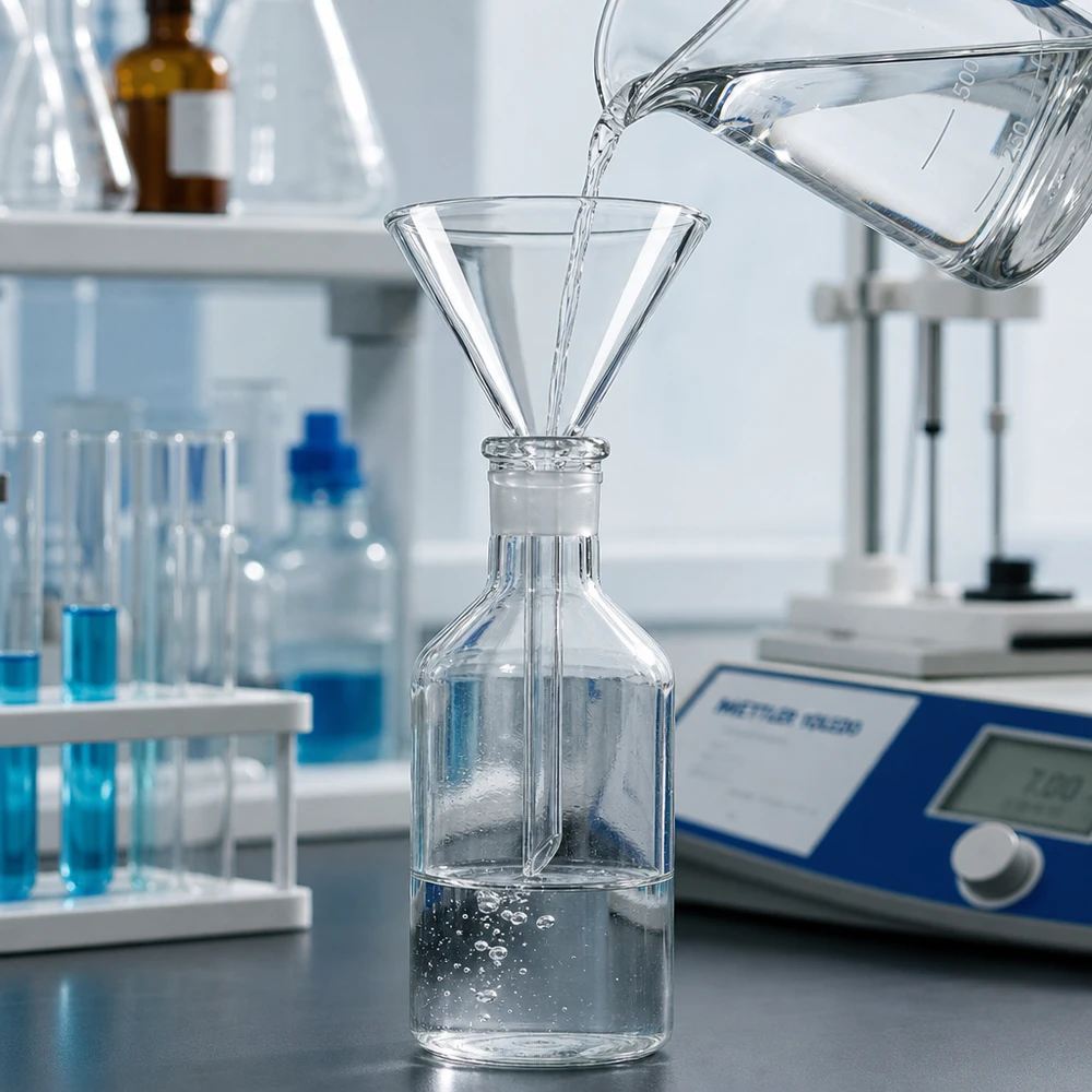 Laboratoriumglas trechter 70mm met een hoek van 60 graden gemaakt van robuust natronkalkglas voor chemische toepassingen