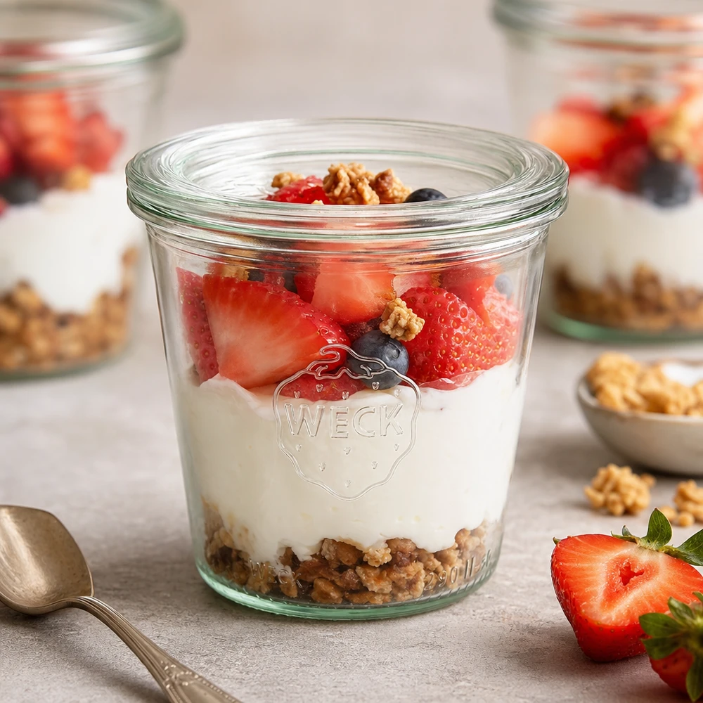 WECK bekers 290ml RR80 met gelaagd dessert van yoghurt aardbeien bosbessen en walnoten als ontbijtidee