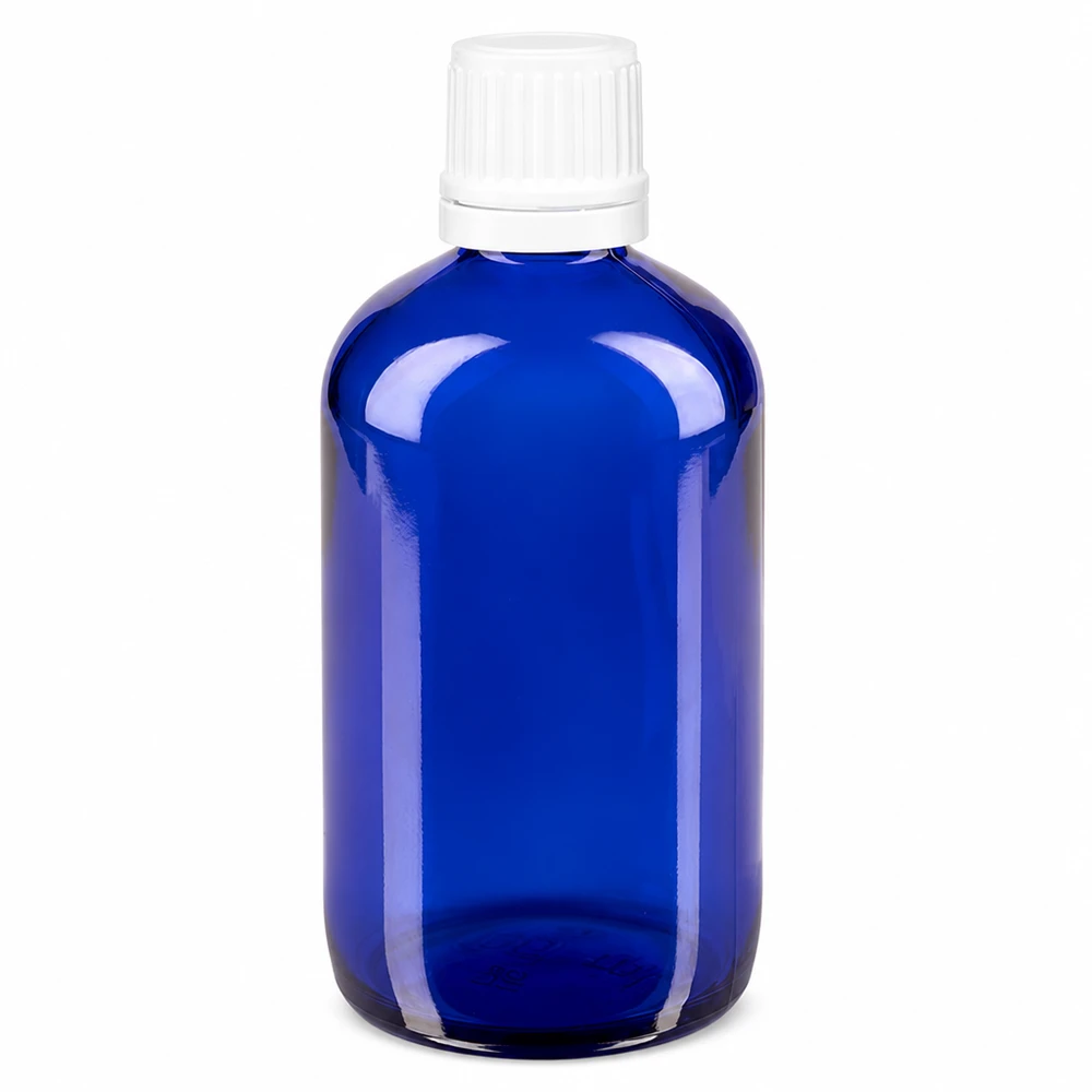 Kleine blauwe medicijnfles van 100 ml van UV-bestendig glas met een witte schroefdop voor farmaceutisch gebruik