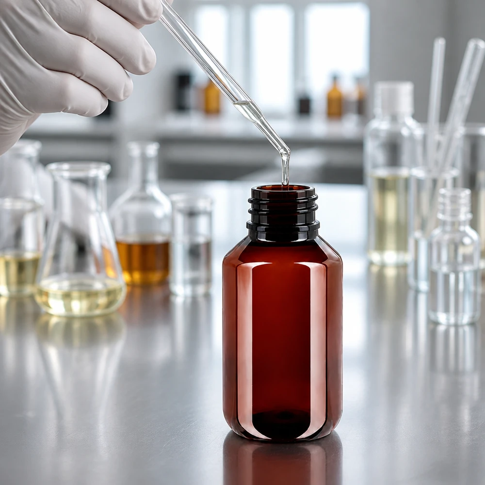 Breukbestendige PET-fles van 100 ml in amberkleur met blauwe verzegeling