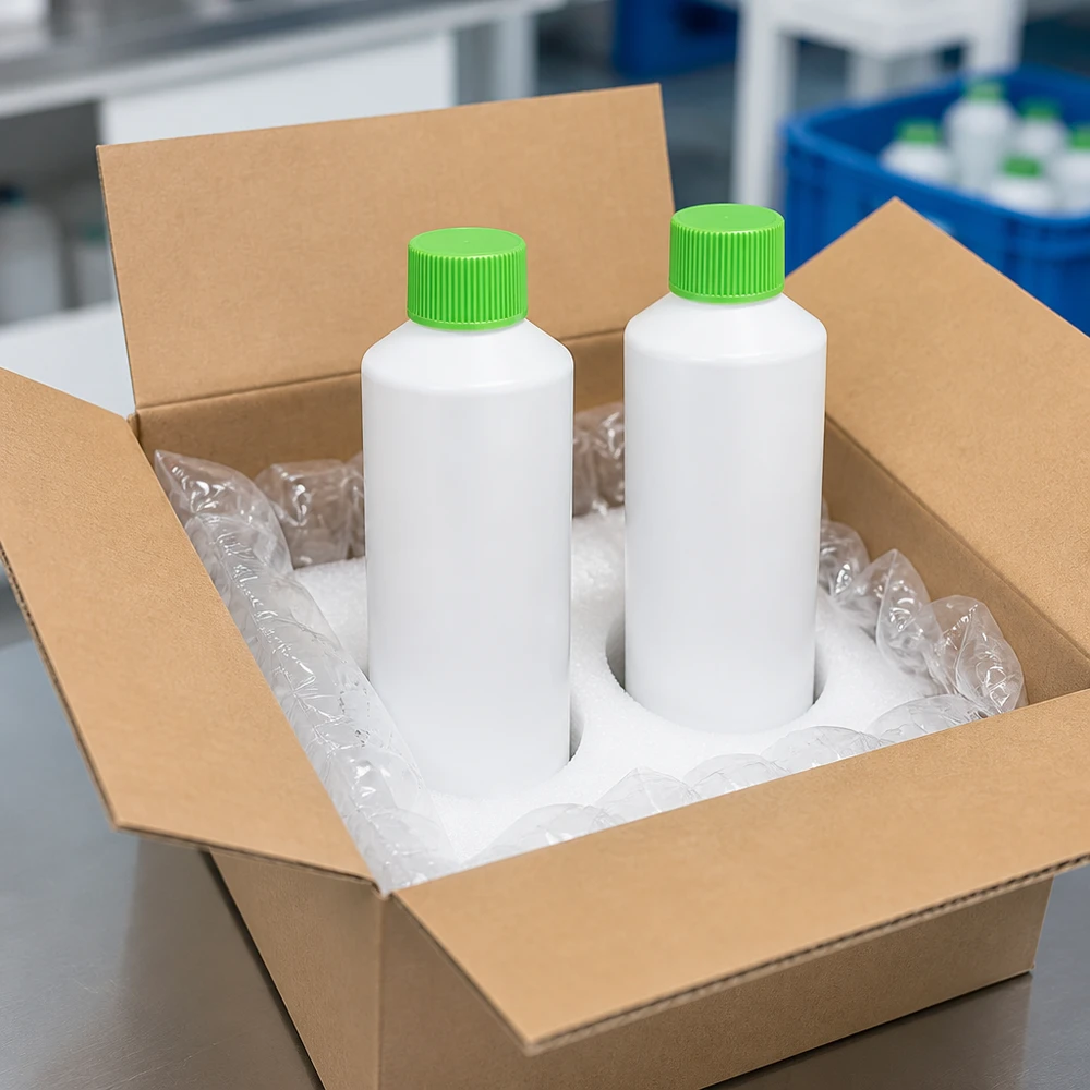 PET cilinderfles 100ml wit met schroefsluiting groen Cilindrische witte HDPE-fles van 100 ml met groene SV in een beschermende kartonnen verpakking met opvulmateriaal