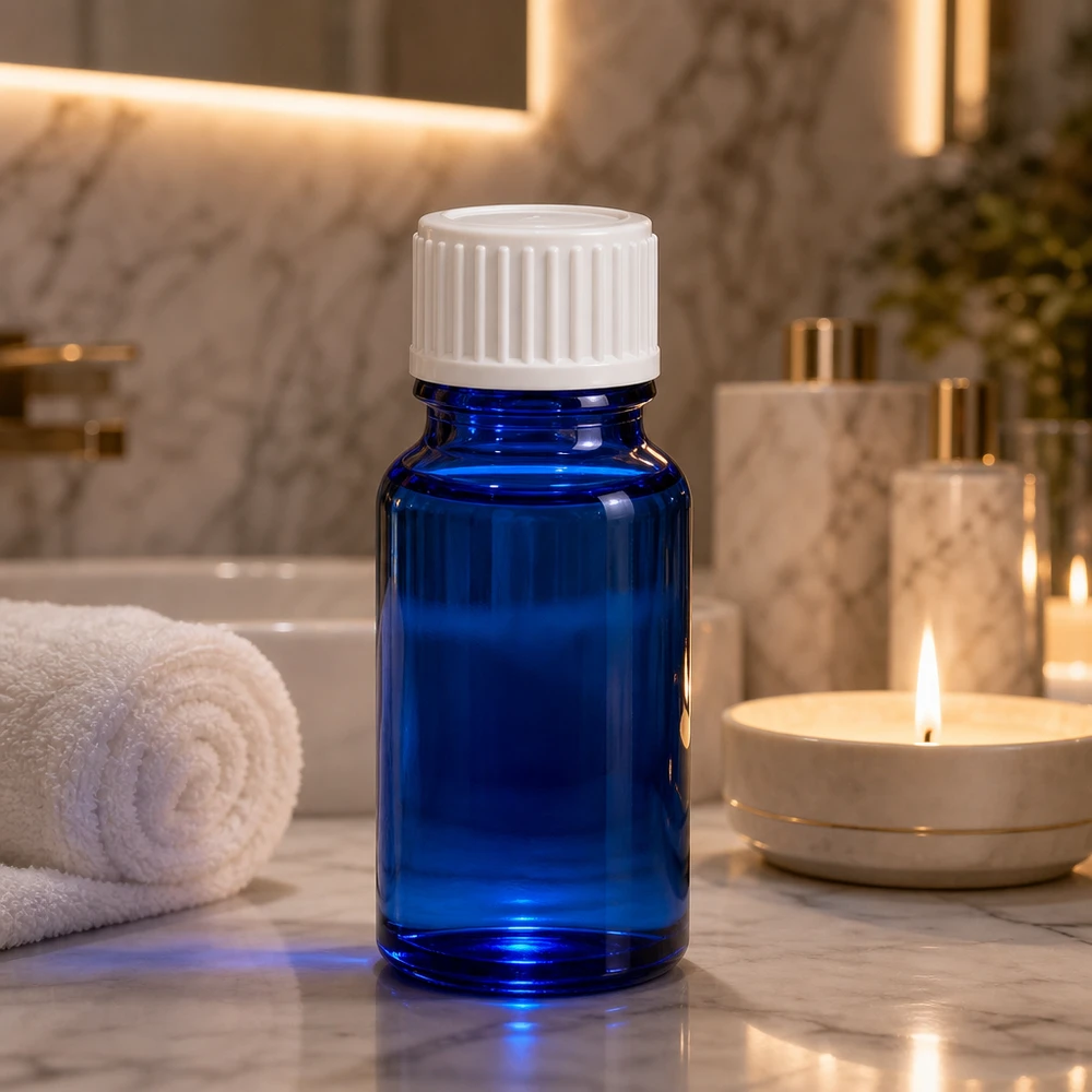 Blauwe glazen flessen 10ml met wit sluiting Blauwe fles van 10 ml in apothekersglas met een wit deksel op marmer, naast kaarsen en een handdoek
