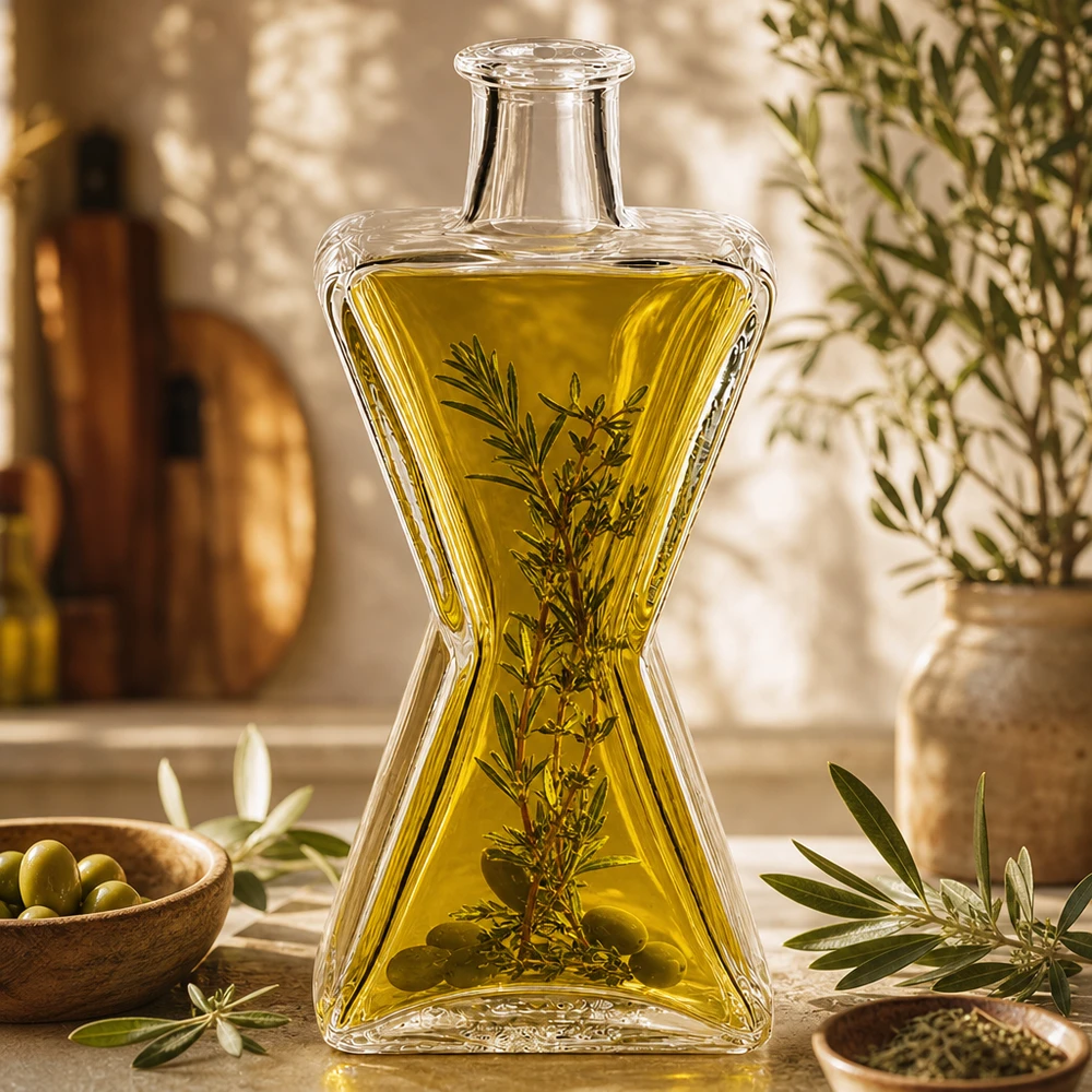 200 ml glazen fles 200ml Glasflasche "Star" ohne Verschluss UNiTWIST zonder sluiting UNiTWIST® Glazen fles Star 200ml gevuld met olijfolie en kruiden uit de mediterrane keuken als decoratieve fles