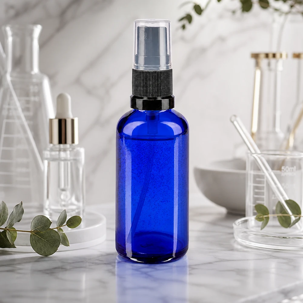 Blauwe fles van 50 ml met verstuiver op marmer, naast een bekerglas en eucalyptus
