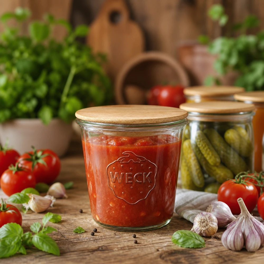 580ml stortglas WECK RR100 met hout deksel WECK inmaakpot 580ml met houten deksel gevuld met tomatensaus, omringd door verse ingrediënten en augurken