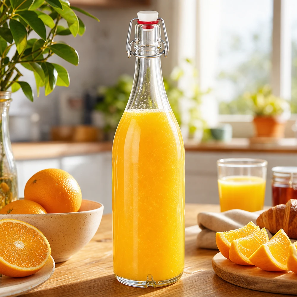 1000ml glazen fles met draaidop gevuld met vers sinaasappelsap naast sinaasappels op keukentafel