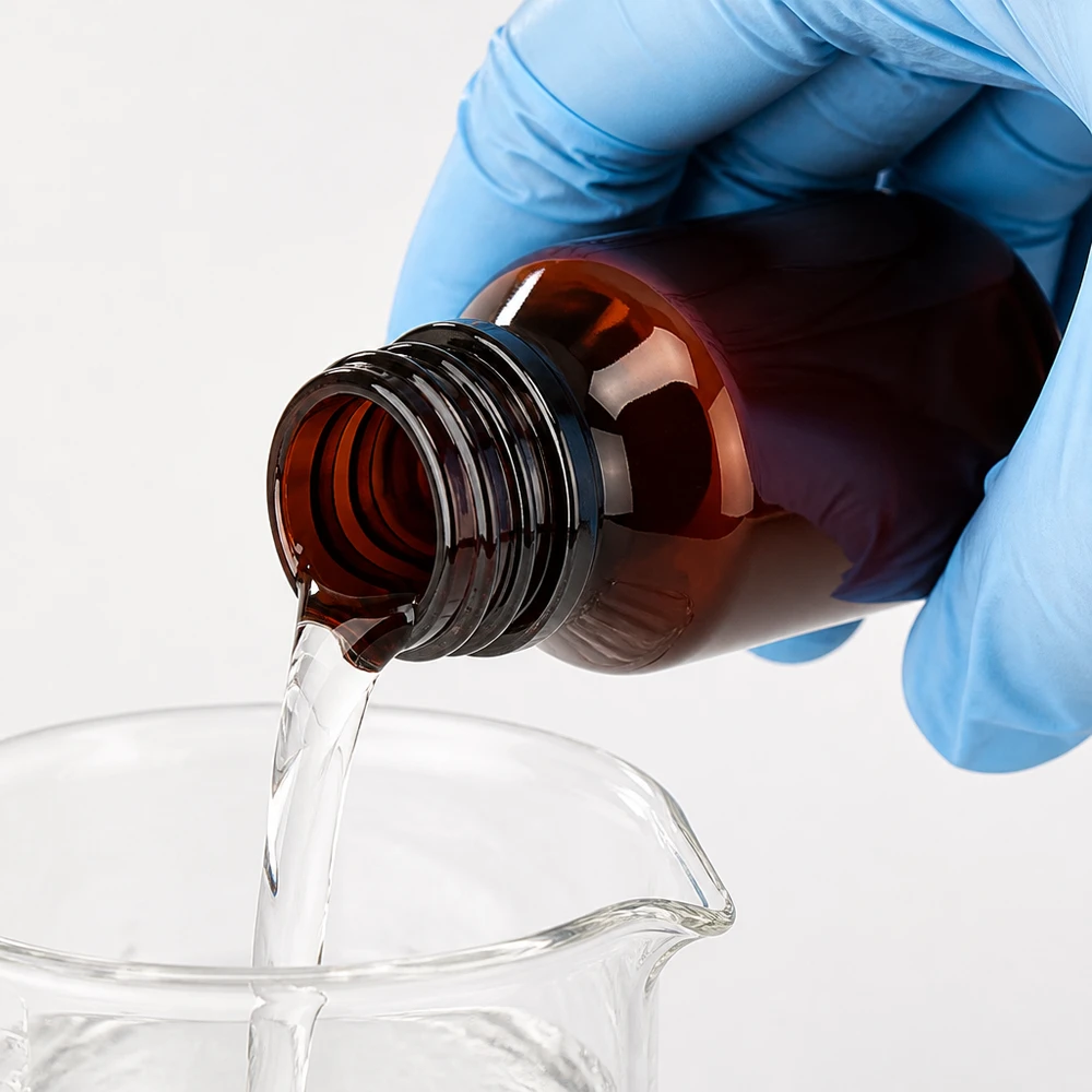 50 ml PET medicijnfles met verstuiver zwart GCMI 28/410 incl. dop transparant, standaard Close-up van een schroefdop op een bruine PET-fles van 50 ml tijdens het gecontroleerd inschenken