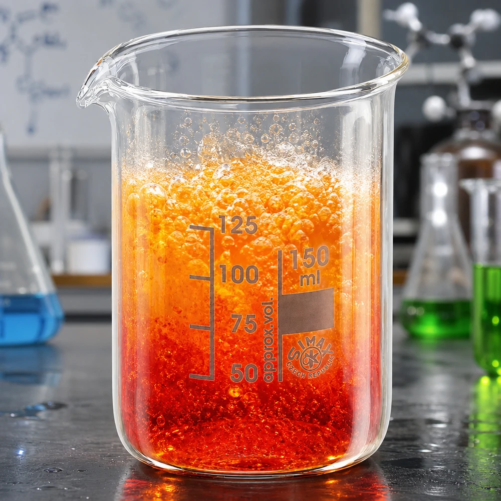 Laboratoriumkwaliteit bekerglas 150ml lage vorm met oranjerode reactieoplossing en duidelijke milliliterverdeling