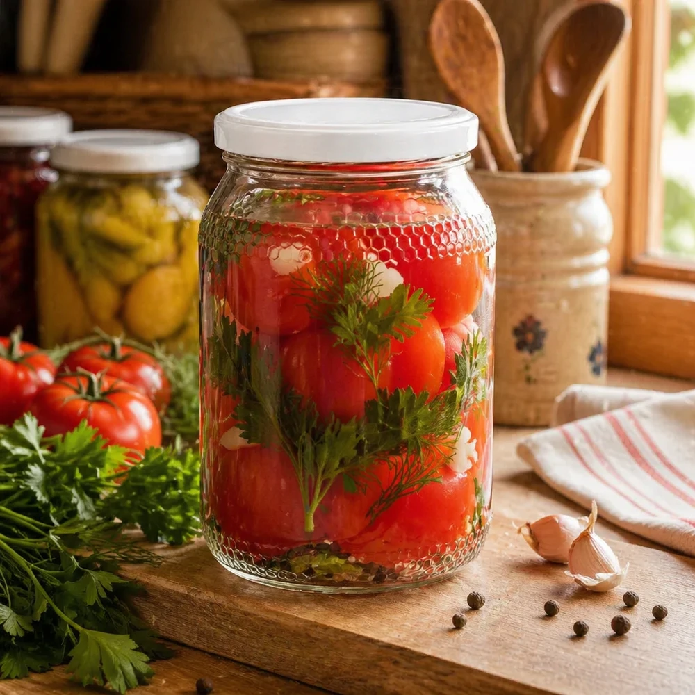 Honingpot 900ml met ingemaakte tomaten en kruiden toont conserveringsmogelijkheden BasicSeal deksel wit