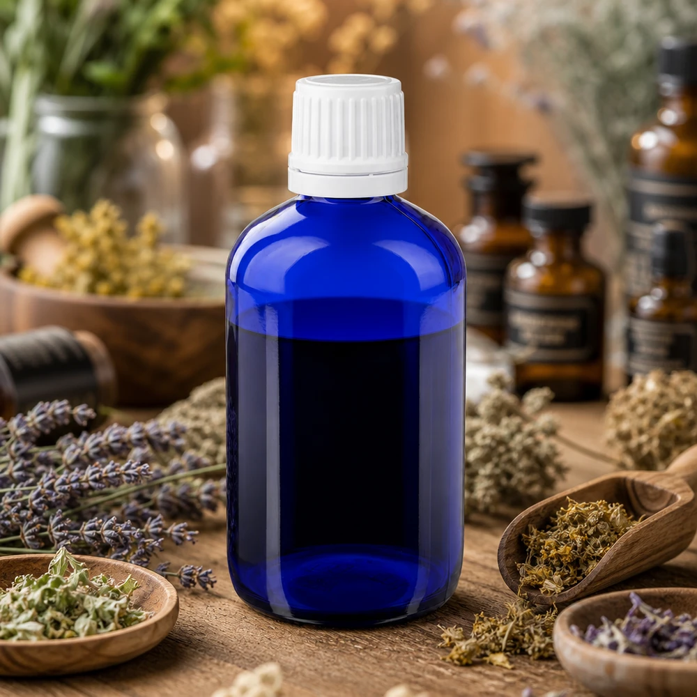 Blauwe apothekerspot van 20 ml met een druppelopening van 1,2 mm, naast lavendel en gedroogde kruiden